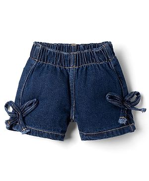 Bonfino 100% Cotton Woven Short Length Denim Washed Shorts with Bow Detail in Navy Blue