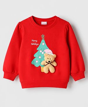 Babyhug 100% Cotton Knit Full Sleeves Sweatshirt With Bear Applique - Red