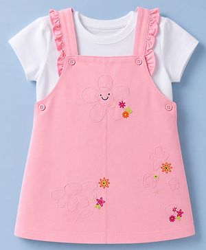 Babyhug Twill Woven Half Sleeves Floral Embroidery Frock with Inner Tee - Pink