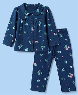 Babyhug 100% Cotton Knit Full Sleeves Co-Ords Top & Pyjama Night Suit with Floral Print - Navy Blue