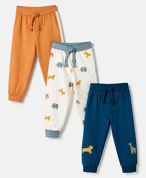 Babyhug Cotton Knit Jogger Fit Full Length Lounge Pant Pack of 3 in Yellow Blue White