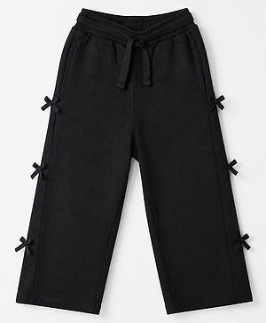 Babyhug Cotton Looper Knit Full Length Lounge Pants with Bow Applique - Black