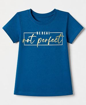 Pine Kids Cotton KnitT-Shirts with Half Sleeves and Be Real Not Perfect Text Foil Print - Navy Blue