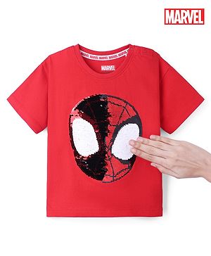 Babyhug Marvel Single Jersey Knit Half Sleeves Round Neck T-Shirt With Spiderman Reversible Sequins - Red