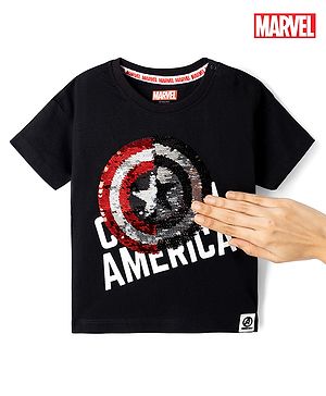 Babyhug Marvel Single Jersey Knit Half Sleeves Round Neck T-Shirt With Captain America Shield Reversible Sequins - Black