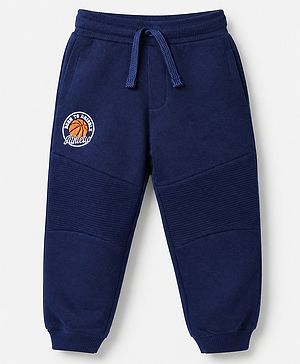 Babyhug Cotton Looper Knit Jogger Fit Full Length Joggers with Drawstring and Basketball Embroidery in Navy Blue