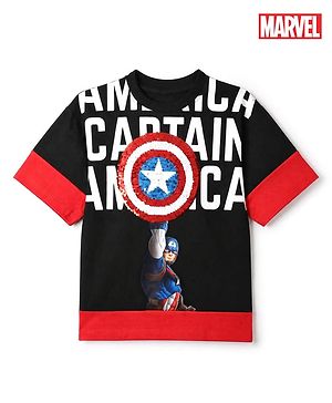 Pine Kids Marvel 100% Cotton Single Jersey Knit T-Shirts with Half Sleeves and Captain America Graphic Print & Sequin Detailing - Black