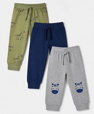 Babyhug Cotton Jersey Knit Full Length Jogger Fit Lounge Pants with Zebra Print Pack of 3 - Olive Green, Light Grey & Navy Blue