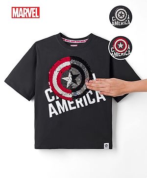 Pine Kids Marvel 100% Cotton Single Jersey Knit Half Sleeves T-Shirts with Captain America Graphic and Shield Reversible Sequins - Black