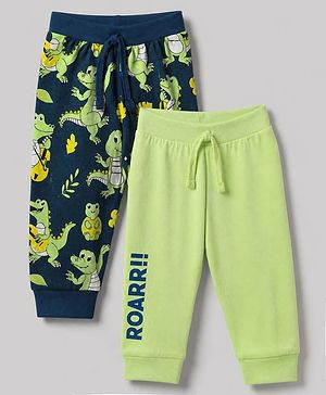 Babyhug Cotton Jersey Knit Full Length Jogger Fit Lounge Pant with Crocodile Print Pack of 2 in Navy Blue Lime Green