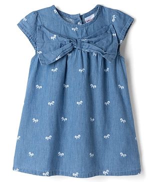 Babyhug Denim Woven Dress with Cap Sleeves and Bow Print - Blue