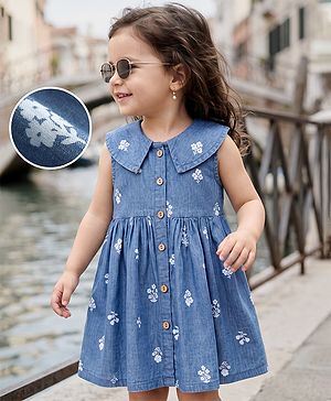 Babyhug Denim Woven Frock with Sleeveless and Floral Print in Blue