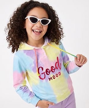 Pine Kids Cotton Knit Hooded Sweatshirt With Full Sleeves and Good Mood Text Print - Light Blue