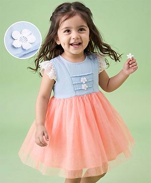 Babyhug Mesh Woven Cap Sleeves Frock With Floral Applique - Peach
