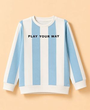 Pine Kids Knit Full Sleeves Striped & Text Printed Sweatshirt - White & Light Blue