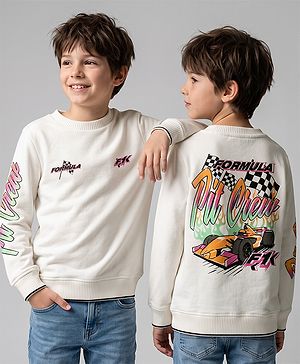 Pine Kids Cotton Mixes Knit Sweatshirt with Full Sleeves and Front & Back Formula 1 Race Car Text Print - Off White