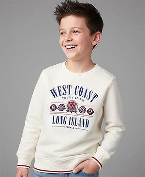 Pine Kids Cotton Mixes Knit Sweatshirt with Full Sleeves and West Coast College League Text Print - Off White