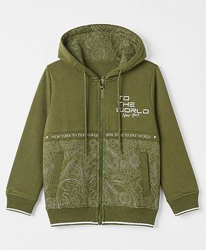Pine Kids Cotton Mix Knit Full Sleeves Hooded Sweat Jacket with Text Print - Olive Green