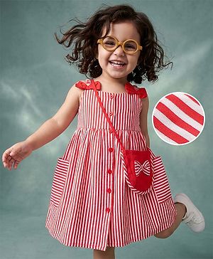 Babyhug Woven One Piece Dress and Purse with Sleeveless and Striped Print - Red