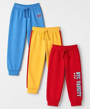 Babyhug Cotton Jersey Knit Full Length Lounge Pant with Drawstring and Nyc Varsity Text in Blue Yellow & Red Pack of 3