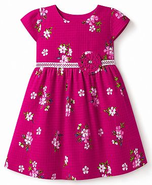 Babyhug 100% Cotton Woven Half Sleeves Frock with Floral Print & Applique - Pink