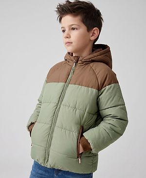 Pine Kids Woven Full Sleeves Hooded Padded Jacket - Olive Green