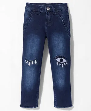 Enfance Denim Eyes Embroidery Ripped Full Length Jeans - Blue