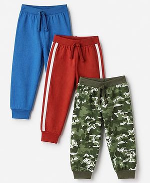 Babyhug Cotton Jersey Knit Full Length Track Pants with Camouflage Print Pack of 3 in Blue Green & Red