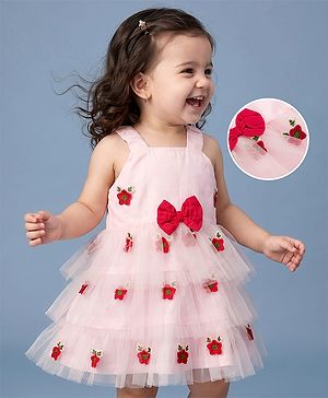 Babyhug Mesh Woven Layered Sleeveless Dress with Bow and Floral Embroidery - Pink