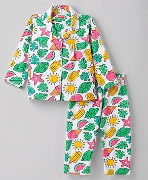 Babyhug 100% Cotton Knit Full Sleeves Watermelon Printed Co-Ords Front Open Shirt & Pyjama Night Suit - White