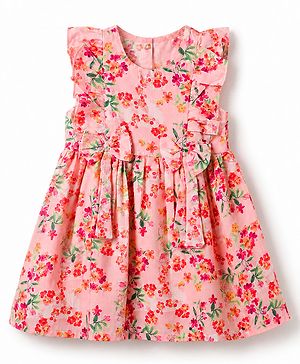 Babyhug Cotton Woven Frill Sleeves Frock with Floral Print - Peach