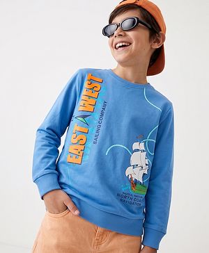 Pine Kids Cotton Mixes Knit Ful Sleeves Sweatshirts with Ship Print - Blue