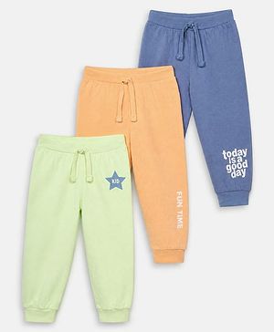 Babyhug Cotton Jersey Knit Full Length Joggers with Star Print Pack of 3 - Green Blue & Peach