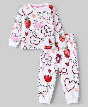 Bonfino 100% Cotton Knit Full Sleeves Co-Ords T-Shirt & Pyjama Night Suit with Heart & Floral Print - White