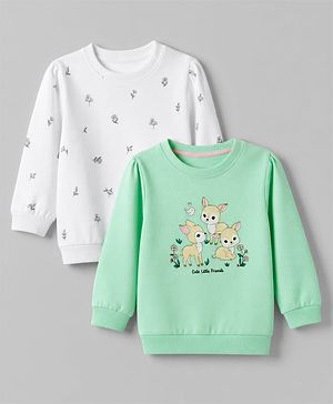 Babyhug 100% Cotton Terry Knit Full Sleeves Heavy Gauge Sweatshirt With Floral and Animal Print Pack of 2 - White & Green
