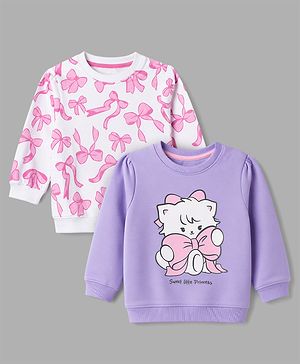 Babyhug 100% Cotton Heavy Gauge Terry Knit Full Sleeves Bow & Kitty Printed Sweatshirts Pack Of 2 - Purple & White