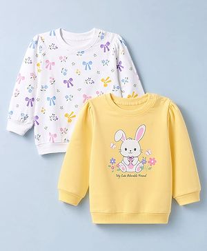 Babyhug Heavy Gauge 100% Cotton Terry Knit Full Sleeves Sweatshirts With Bow and Bunny Print Pack of 2 - White & Yellow