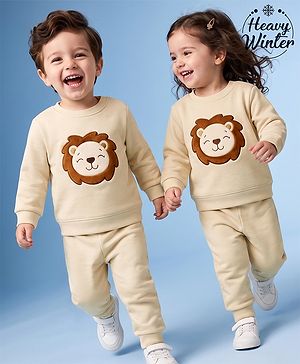 Babyhug Knit Full Sleeves Winter Wear Suit With Lion Patch - Cream