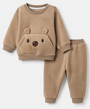 Babyhug Knit Full Sleeves Winter Wear Suits with Bear Applique - Beige