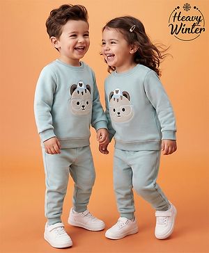 Babyhug Knit Full Sleeves Winter Wear Suit With Animal Embroidery - Blue