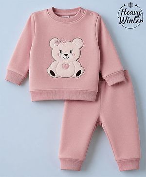 Babyhug Knit Full Sleeves Winter Wear Suit With Bear Patch - Pink