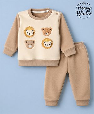 Babyhug Knit Full Sleeves Top and Joggers Set with Lion Applique & Patch - White