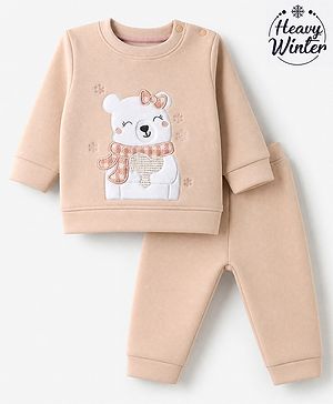 Babyhug Knit Full Sleeves Winter Wear Suit With Animal Patch & Embroidery - Pink