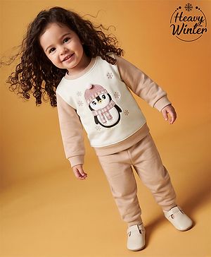 Babyhug Knit Full Sleeves Winter Wear Suit With Penguin Embroidery - Pink