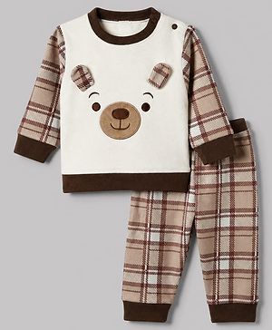Babyhug Knit Full Sleeves Top and Jogger with Bear Patch & Ear Applique in Cream