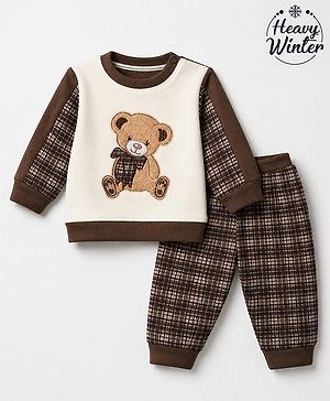 Babyhug Knit Sweatshirt and Pant with Full Sleeves and Bear Applique in Brown for 0-3 Months