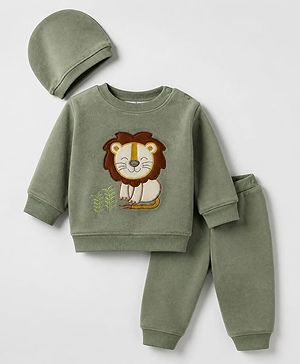 Babyhug Knit Full Sleeves Winter Wear Suit With Hat & Lion Patch & Cap - Green