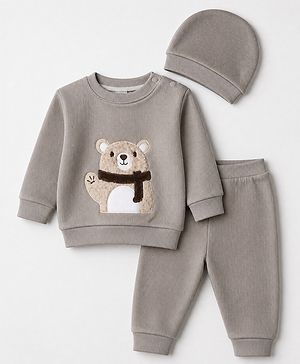 Babyhug Knit Full Sleeves Winter Wear Suit With Hat & Bear Patch &Cap - Grey