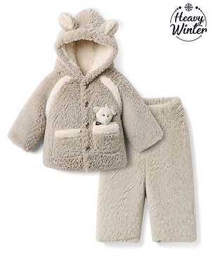 Babyhug Fur Knit Full Sleeves Hooded Winter Wear Suit With Bear Applique in Grey