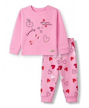 Bonfino 100% Cotton Knit Full Sleeves T-Shirt & Pyjama Night Suit with Heart Print - Pink